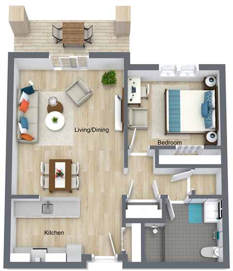 Floor plan for 1 bed, 1 bath, 740 sqft